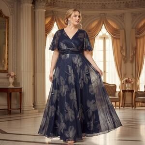 Betsy & Adam 22W Blue Silver Metallic V‑Neck Flutter Sleeve Dress NWT A25417W